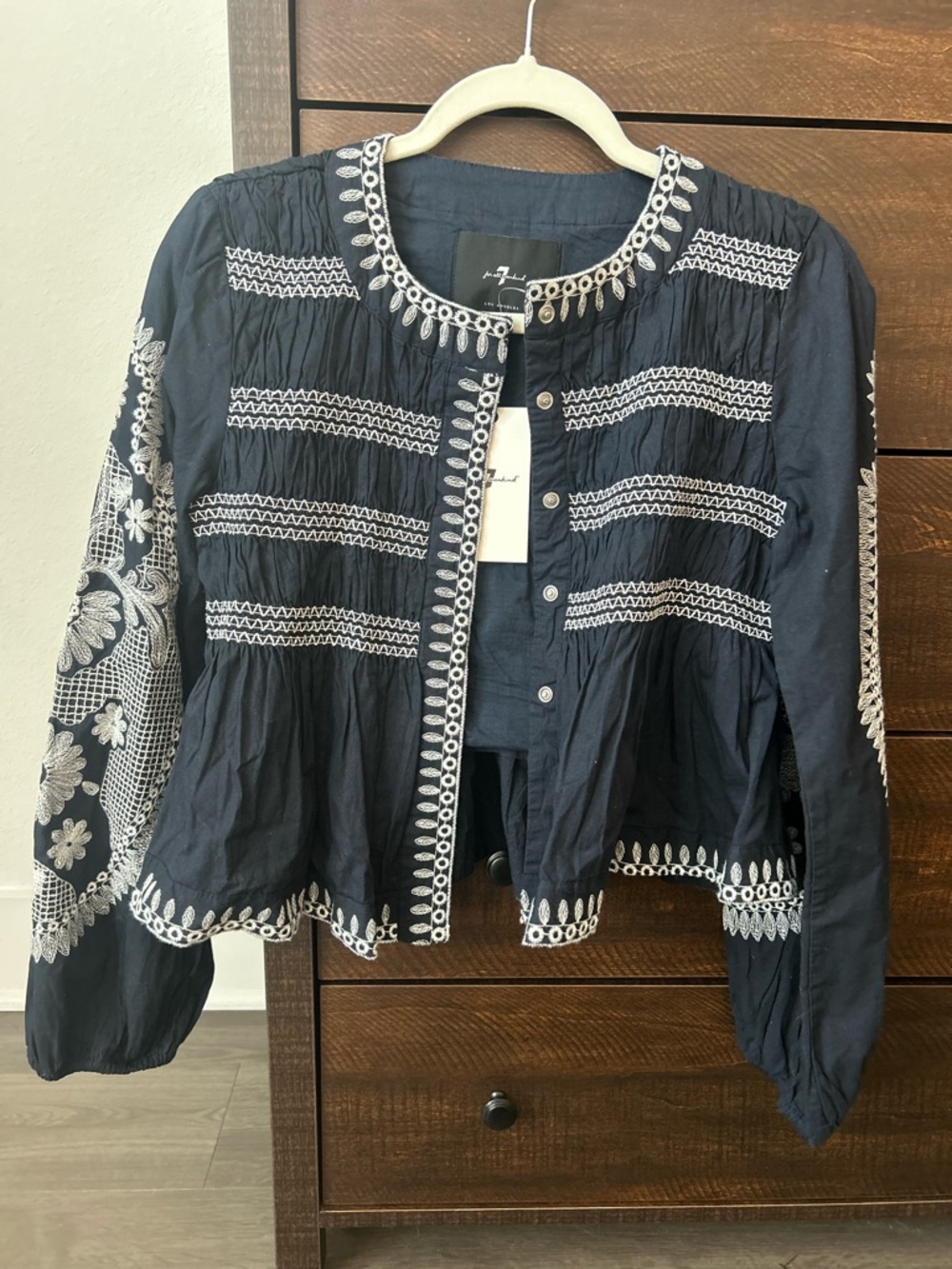 7 For All Mankind Navy Peasant Jacket with White Embroidery